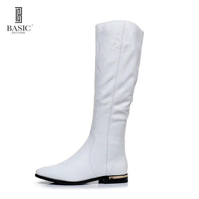BASIC 2016 Winter White Genuine Leather Round Toe Low Heel Zip Up