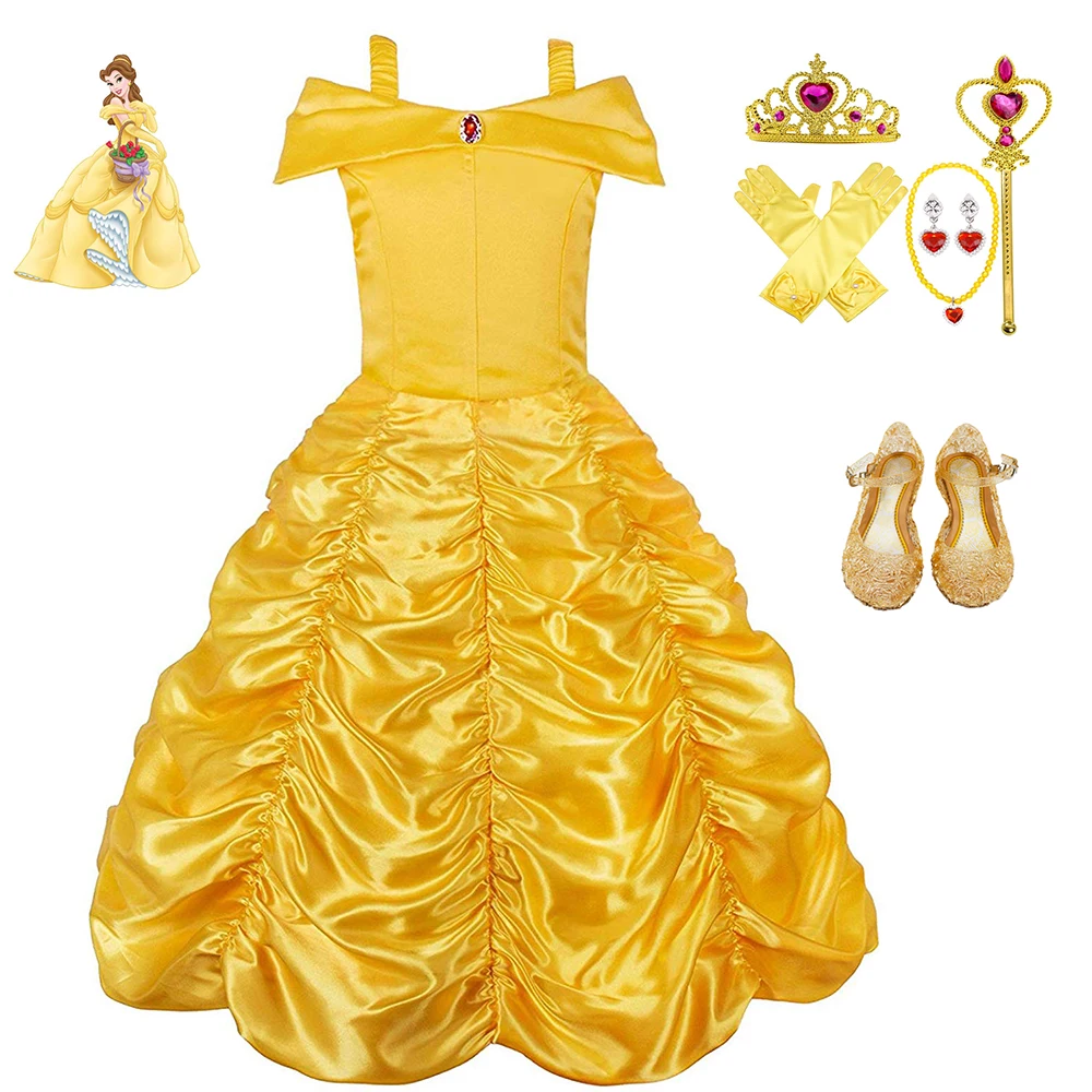 

DAYLEBABY Princess Belle Off Shoulder Layered Costume Dress for Little Girl Halloween Costume Fancy Dress with Accessories