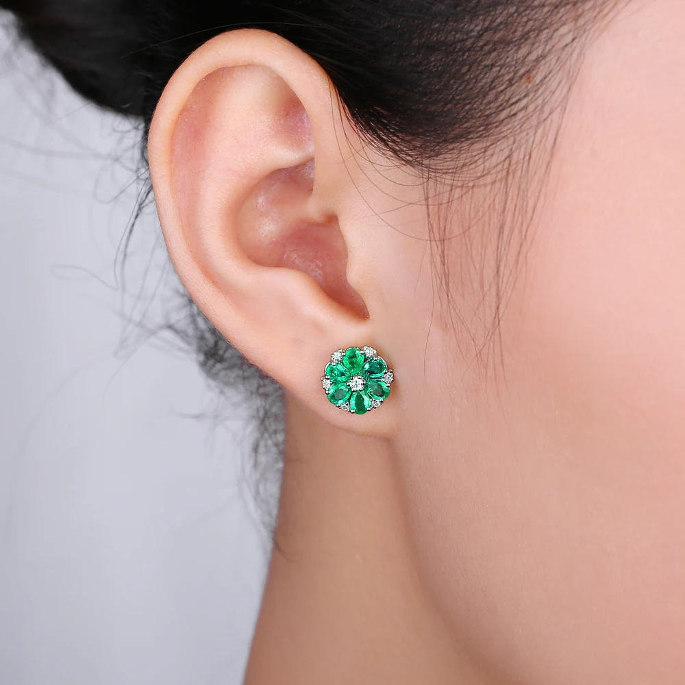 Caimao 14k Gold Natural 1.78ct Emerald & H SI Diamond Engagement Wedding Earring Studs for Women