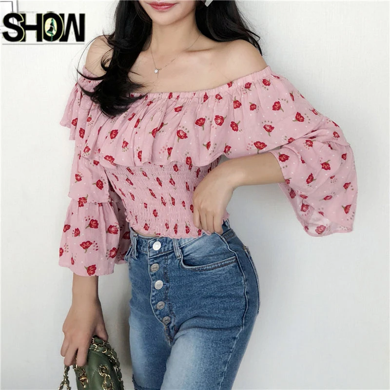 Top corto bonito y dulce, diseño 2019, Tops cortos sin tirantes sexi, de corte bajo con volantes, punto rosa, floral abierto, Top de hombro 187|Blusas camisas| - AliExpress