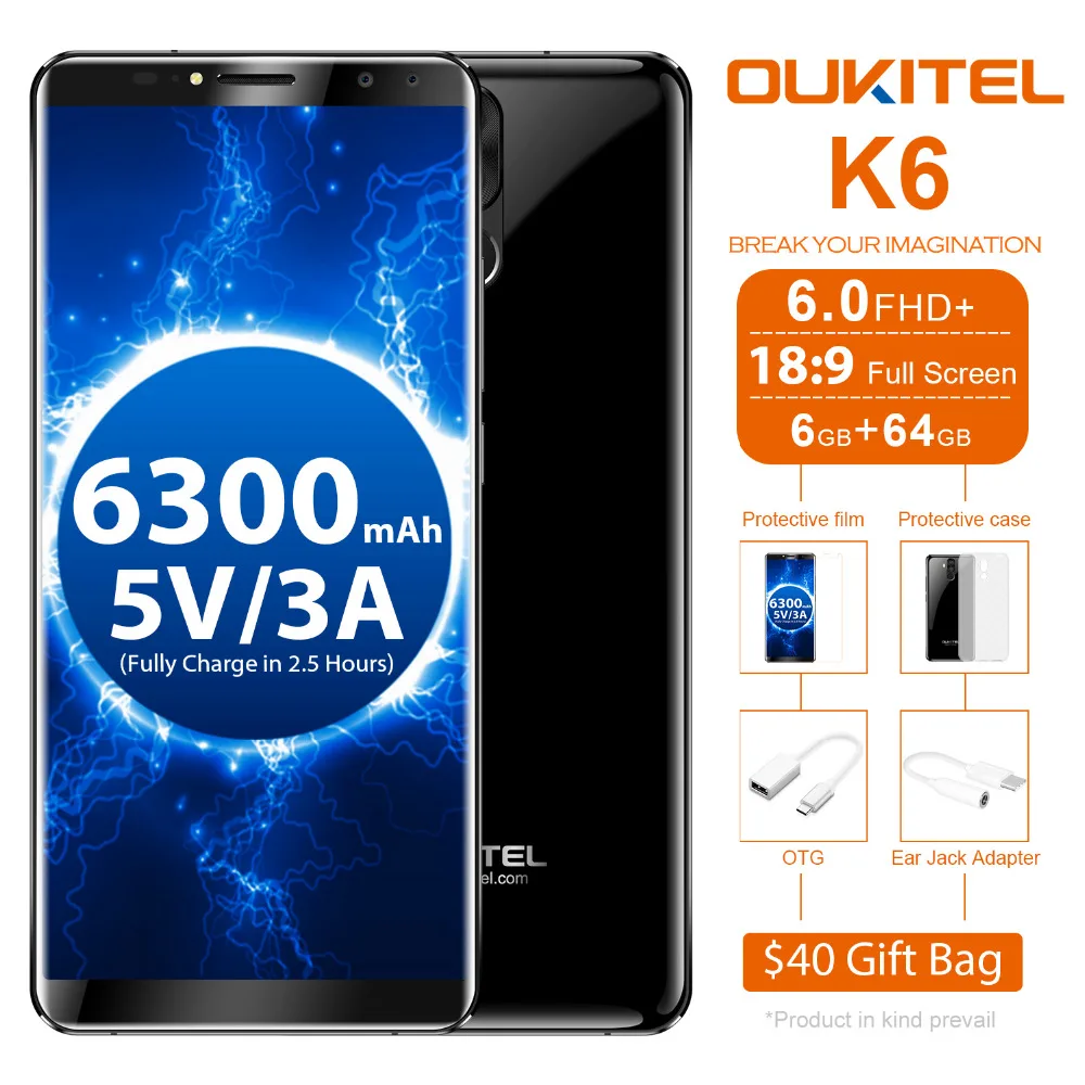 Oukitel K6 18:9 6 0 ''дисплей Лицо ID ГБ ОЗУ 64 Гб ПЗУ MT6763 Восьмиядерный 6300 мАч батарея 4G