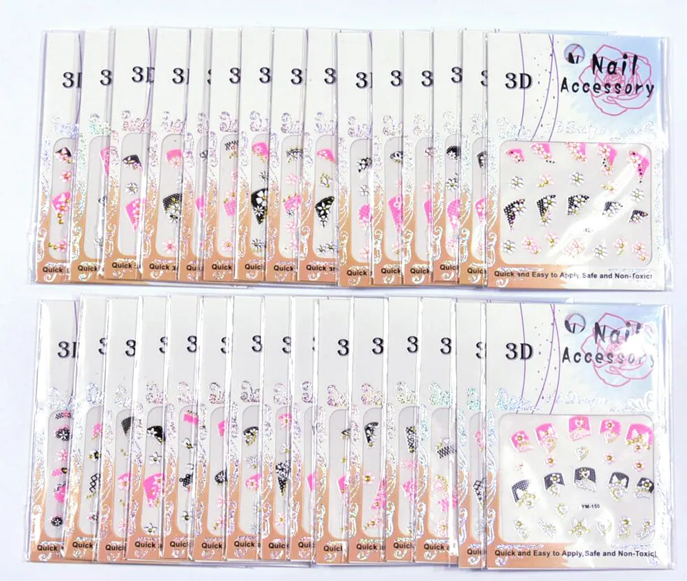 

60PCS/Lot 3D Nail Art Sticker YM121-150 (30designs) Nail Art 3D Sticker Gold Glitter Decal White Flowers and Lace French Style