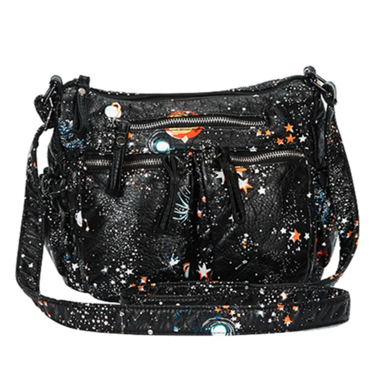 

Star Universe Printing Women Small Flap Handbag Black PU Leather Cosmic Galaxy Female Shoulder Bag Soft Ladies Messenger Bag Sac