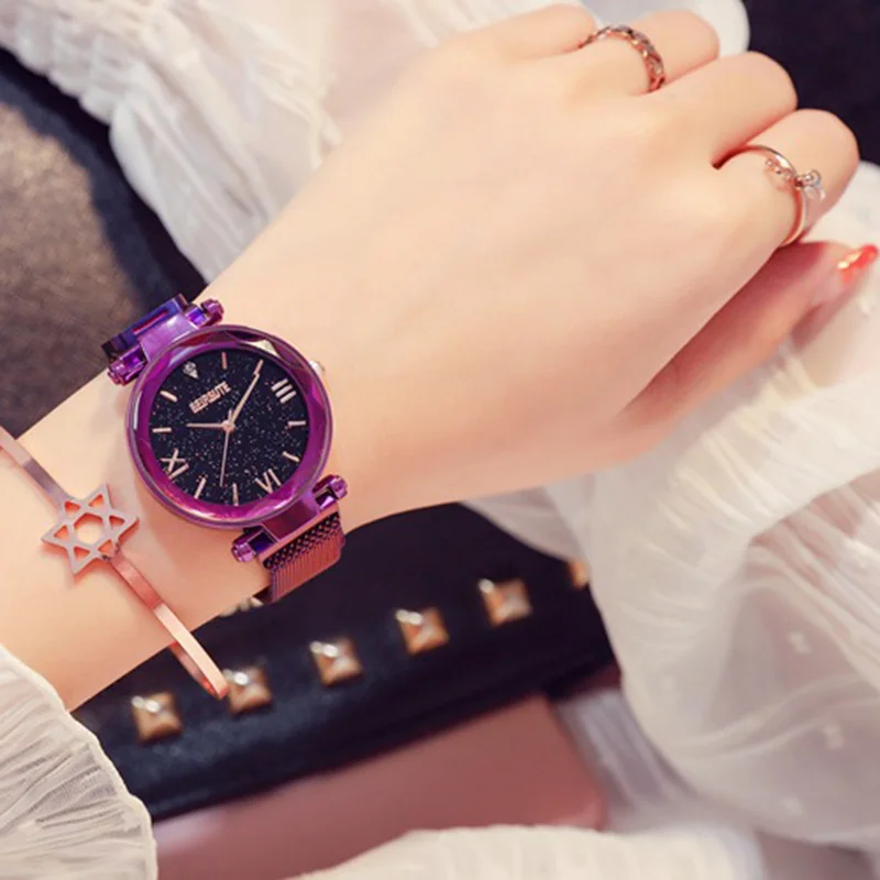 Роскошные женские магнитные часы с кристаллами звездного неба, Фиолетовые женские часы со стальным ремешком, браслет с магнитной пряжкой, часы с римскими цифрами, подарочные часы