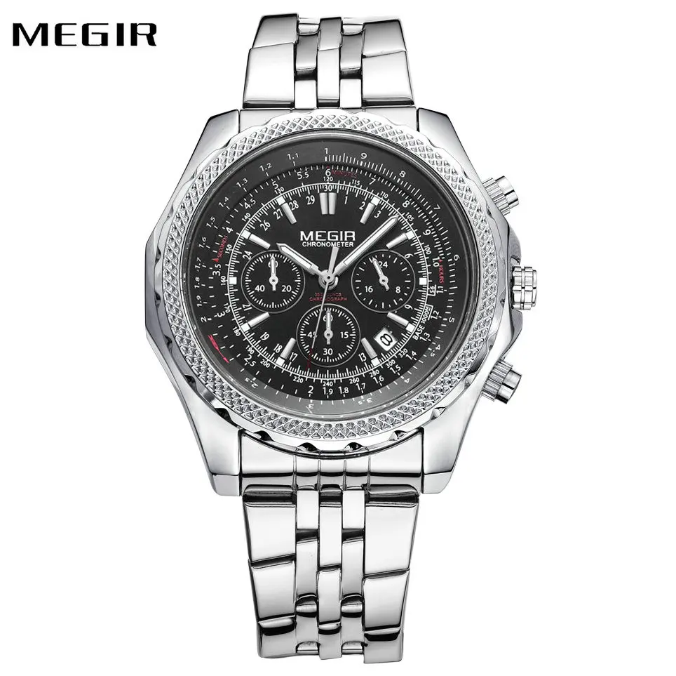 

MEGIR 2018 Fashion Watches Men Stainless Steel Strap Business Quartz Wrist Watches for Men 3 Working Sub-dials Chronograph Clock