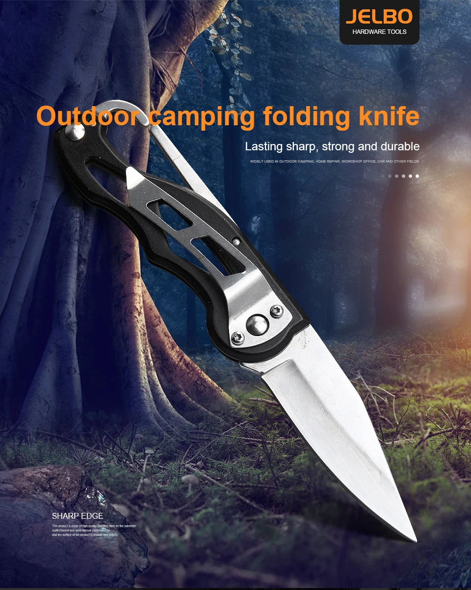 Черный складной нож JelBo, безопасный карманный нож с пряжкой, портативный нож из нержавеющей стали для охоты, кемпинга, выживания на открытом воздухе, ручной инструмент