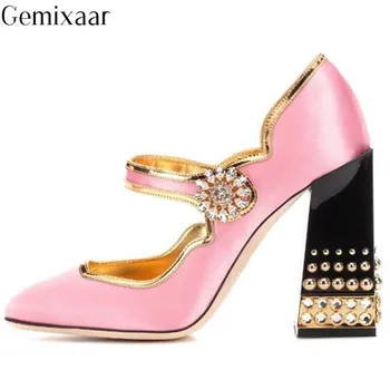 

Sweet Pink Satin Decor Flower Crystal Chunky Heels Women Shoes Square Toe Slim Shallow Zapatos Square Rivet Heels Pumps Woman