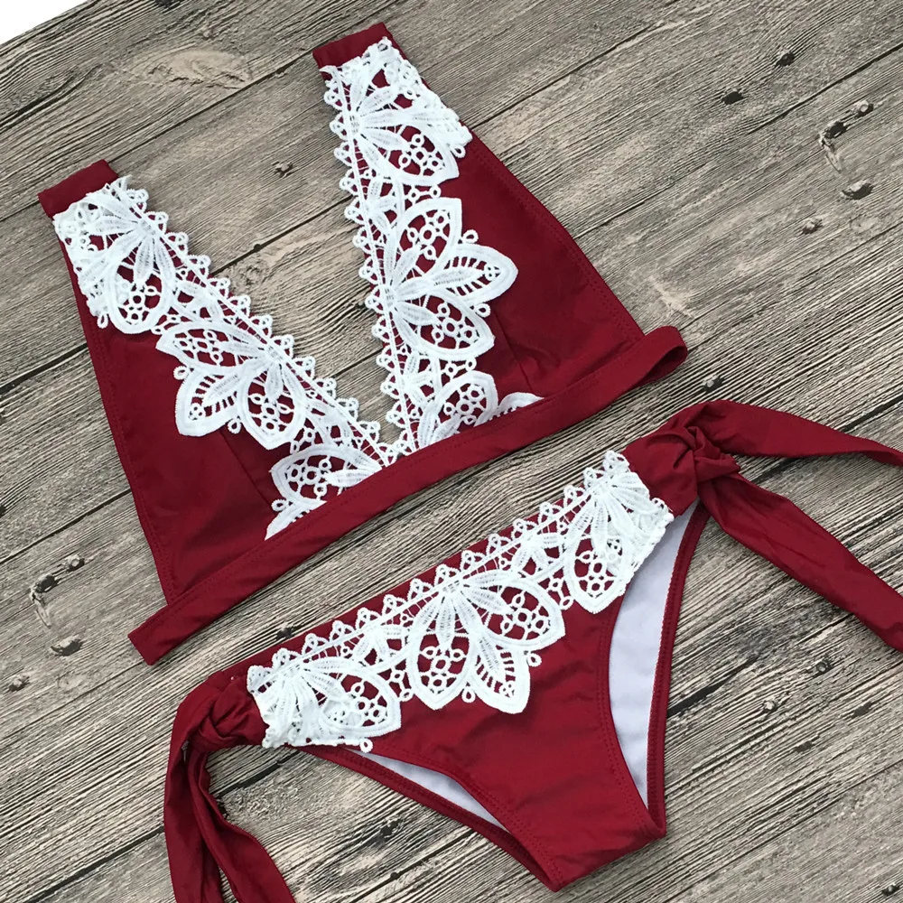 

New Hot Sale Lace Solid Swimsuit Two Pieces Sexy Fashion Swimwear Low Waist Bikini Bandage Swimming Suit For Women Summer Beach