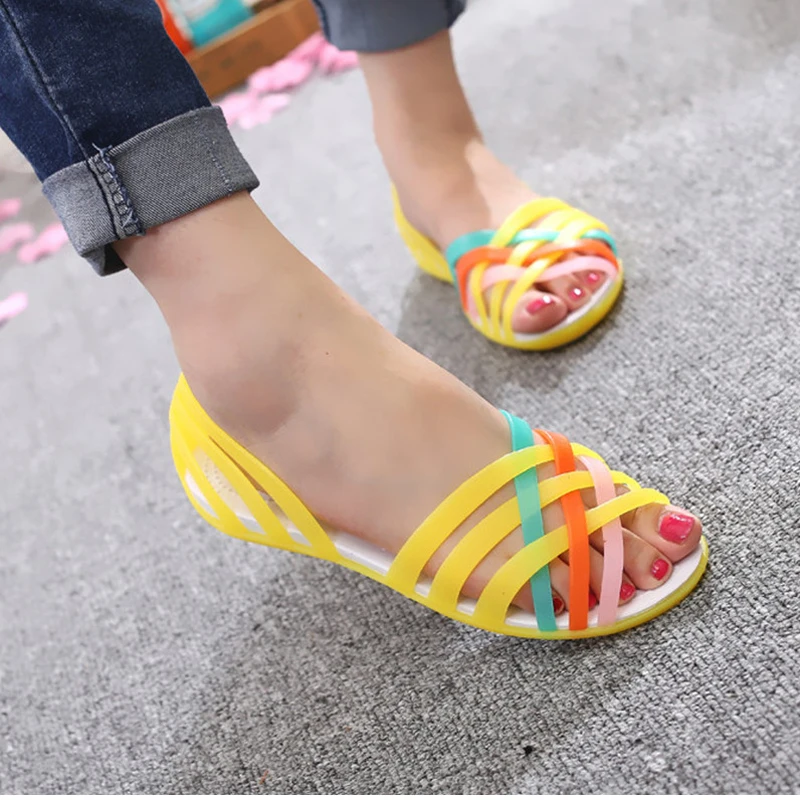 Plus Size Women Jelly Shoes Rianbow Summer Sandals Female Flat Shoe Casual Ladies Slip On Woman Candy Color Peep Toe Beach Shoes (27)