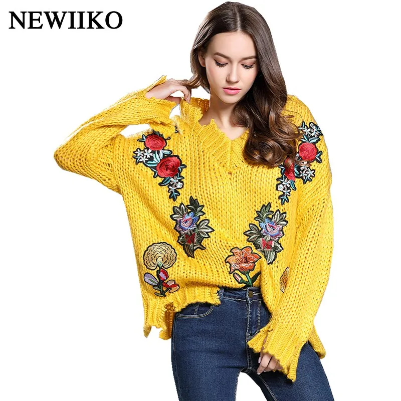 Fashion Autumn winter women casual V-neck Embroidery flowers pattern long sleeve loose sweater pullovers knit tops | Женская одежда