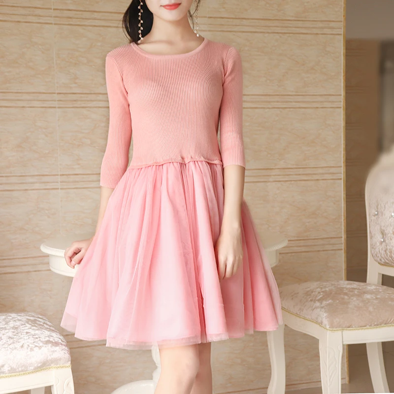 

Harbor Style Mid-sleeve Spliced Mesh Gauze Female Scalloped Above Knee Mini Knitting Simple Patchwork Pink Cocktail Dresses 9330