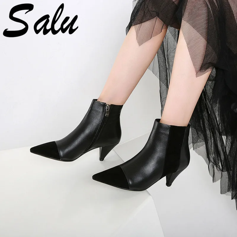 

Salu Retro Quality Women New Ankle Boots Cow Leather High Heels Zipper Ladies Shoes Woman Thick Heels Motorcycle Boots