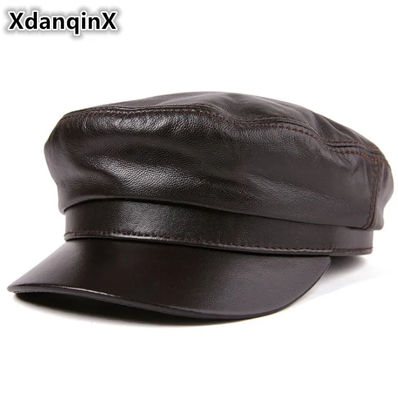 XdanqinX Genuine Leather Hat High Quality Flat Cap For Men Women Sheepskin Army Military Hats Autum