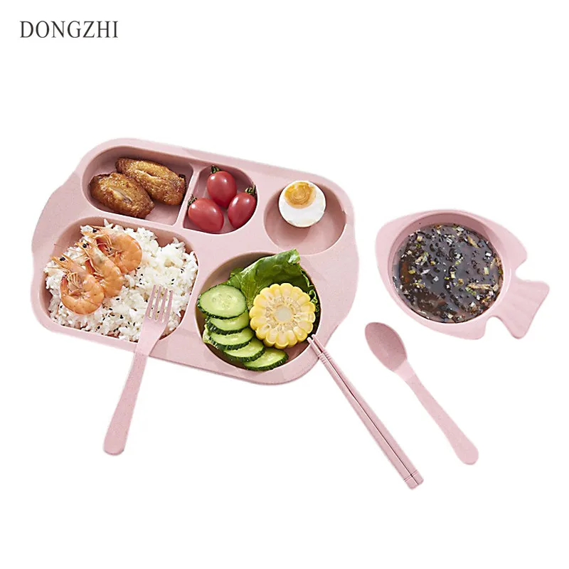 

Food Grade Wheat Lunch Box For Kids Multifunctional Bento Box Microwaveable Food Container Bowl With Spoon Fork Chopsticks LB022
