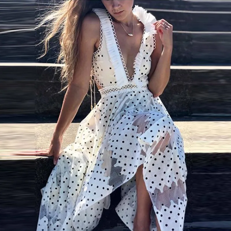 

2019 Summer Runway Polka Dot Sexy Club Dress Women V Neck Sleeveless Vest Lace-up Hollow Out Lace Ruffles Asymmetric Long Dress