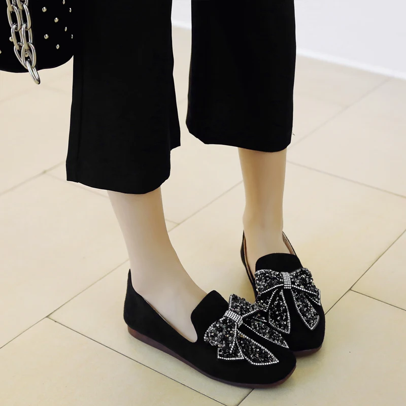 Стразы блестящие туфли с декоративным узлом-бабочкой без застежки дамские туфли на плоской подошве на весну размера плюс серый черные, бежевые женские лоферы Туфли без каблуков d403