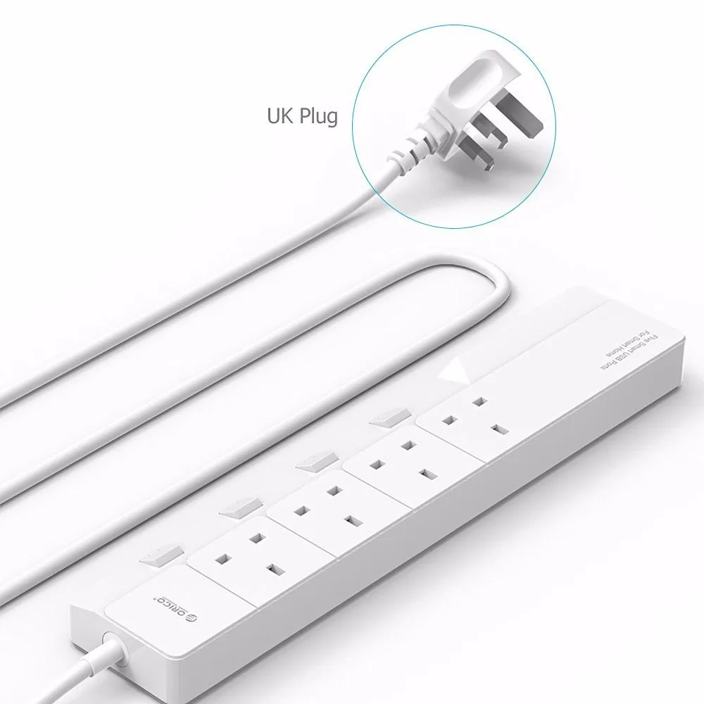 ORICO OSJ-4A5U-UK домашний офис UK Сетевой фильтр с 5 USB зарядным устройством 4 UK AC Plug мульти-розетка дорожные Силовые полосы 5 футов-белый