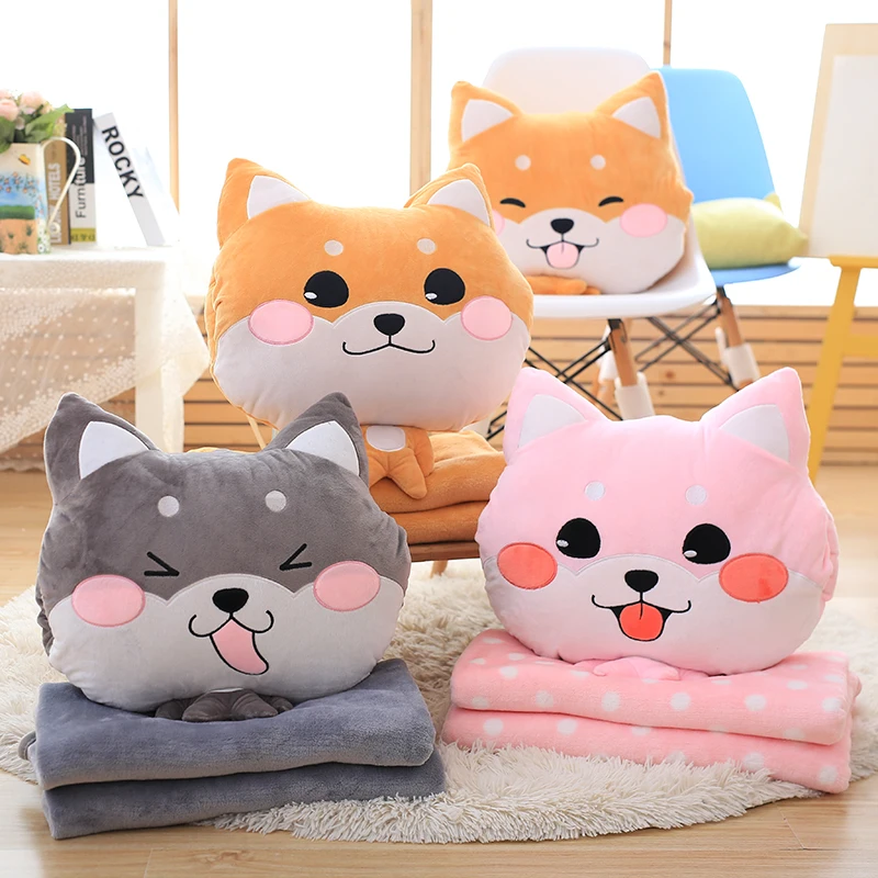 

1pc 42cm cartoon Shiba Inu Akita dog soft coral velvet air conditioning blanket + rest cushion hand warm stuffed toy cute gift