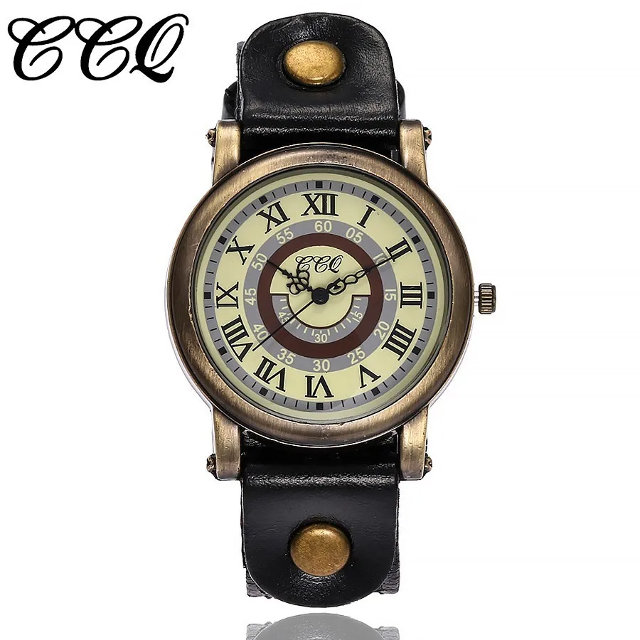 CCQ бренд унисекс для женщин мужчин Римский циферблат часы Винтаж Натуральная кожа ремешок водонепроницаемый кварцевые наручные часы Relogio Feminino Лидер продаж - Цвет: black