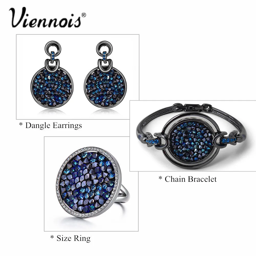 Viennois Gun Plated Long Necklaces Of Blue Crystals For women Dual Length Luxury Round Necklaces