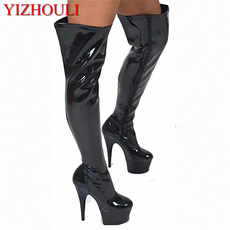 Черный 15 см высокий каблук облегающие сапоги для женщин на молнии мотоциклетные ботинки Обувь ручного изготовления на высоком каблуке