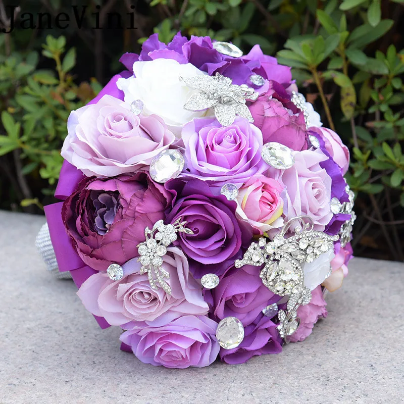 JaneVini фиолетовый Кристальный Свадебный букет Искусственный Пион Роза Букет невесты бабочка ювелирные изделия Свадебные букеты