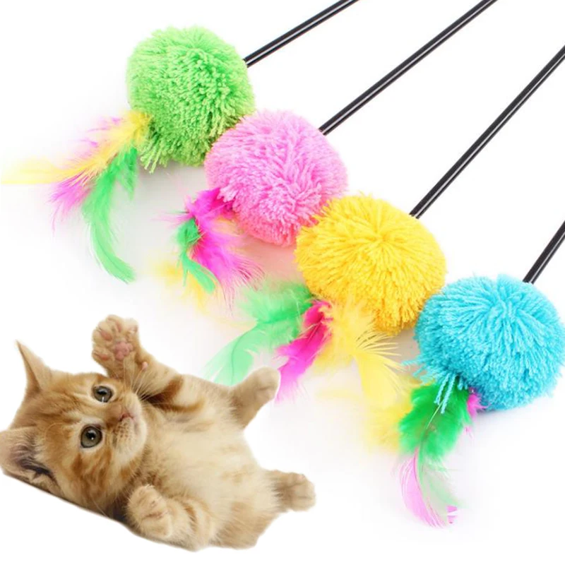 Cat Kitten Toy Pet Ball Rod Wand Teaser Feather Play Games Random Color