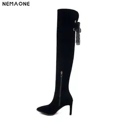 NEMAONE Обувь на высоком каблуке женские ботинки на осень-зиму эластичные флоковые облегающие Женские сапоги выше колена Большие размеры 42, 43