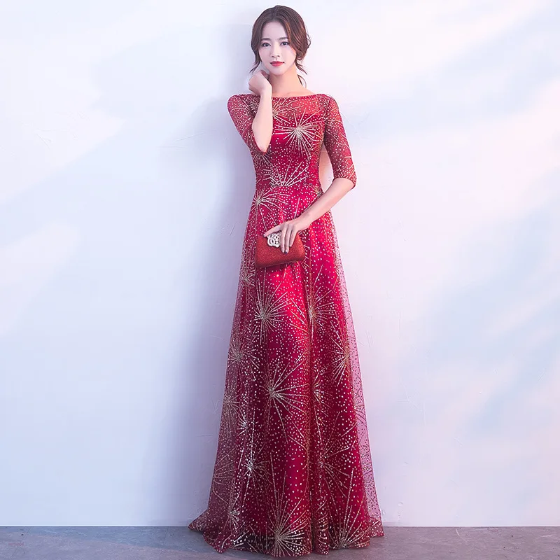 Платье винного цвета для свадьбы, новинка года, Vestido Soiree Femme, длинные платья подружек невесты, платье для выпускного с коротким рукавом и блестками TS1233