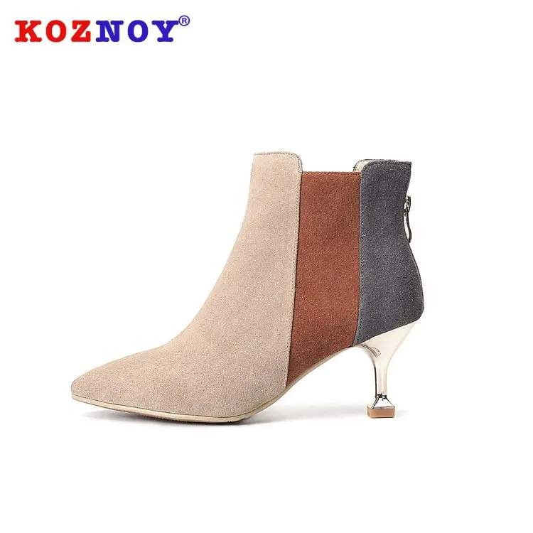 

Koznoy Women Short Boots Autumn Winter Dropshipping Pointed Toe Ankle Thin Heel High Heel Fashion Flock Breathable Women Boots