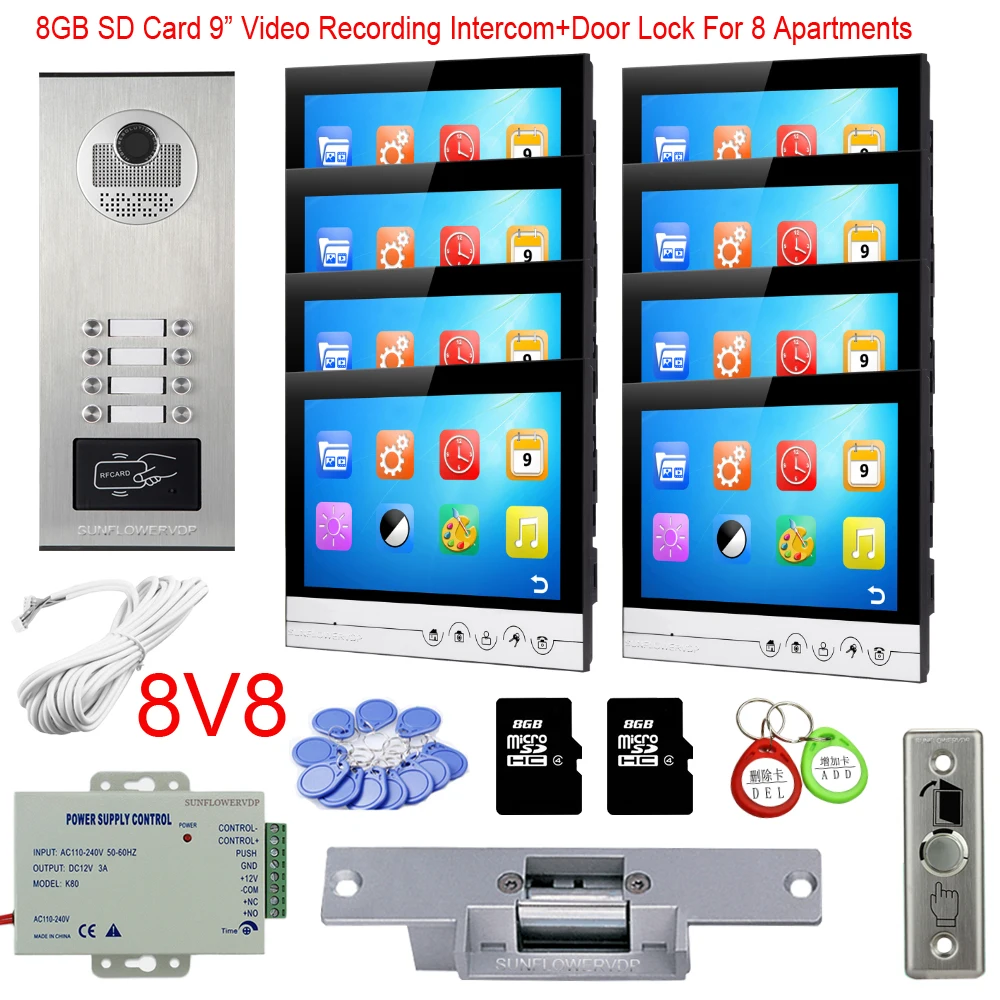 

Rfid Camera 8/10/12 Call Buttons Interphone With Camera 8GB Video Recording 9" Color Monitor Video Intercom With Electric Lock