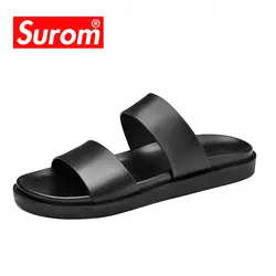 SUROM/модные дизайнерские мужские тапочки; коллекция 2018 года; обувь для улицы; кожаные сандалии; Мужская обувь черного цвета; красивые летние