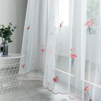 

Cartoon Flamingo Embroidered Tulle Translucidus Voile High Quality Sheer Curtains For Living Room Customized