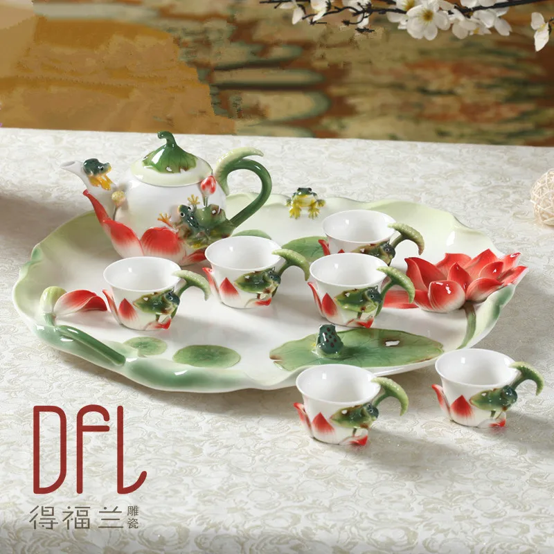 

8PCS Chinese Kung Fu Enamel Porcelain Coffee Set Tea Set High-grade Ceramic Tea Pot European Tea Coffee Mugs With Tray