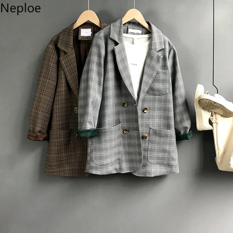 Neploe полный плед 2019 весенняя куртка с v-образным вырезом обычный женский топ Повседневный двубортный модный винтажный блейзер с длинными