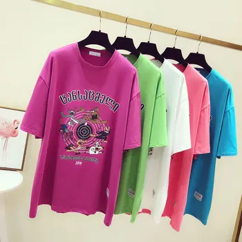 

Medium-long Short Sleeve Women Tshirts All-match O Neck Cartoon Students Cotton Tops Large Size Casual Female T-shirts
