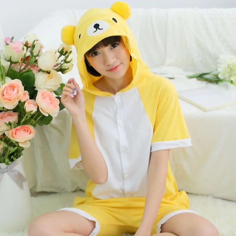 

Cute Yellow Bear Adult Short Sleeve Animal Pajamas Spring Summer Unisex Cosplay Pijamas Cartoon Cotton Onesies men women Pajama