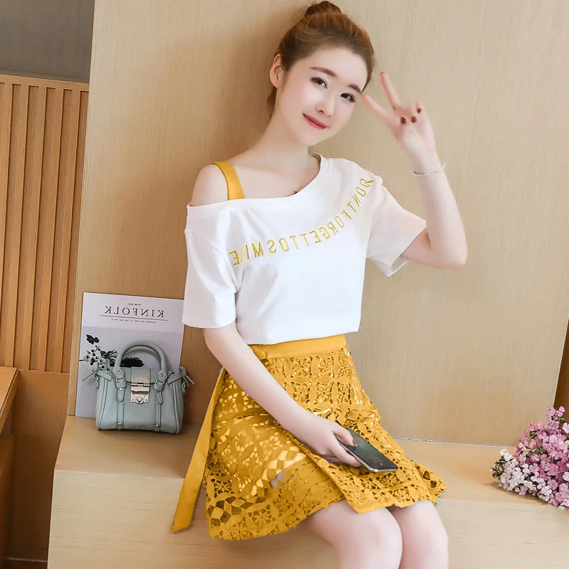 

2019 Spring Summer Women Fashion 2 Piece Suit Slash Collar Off Shoulder Long T Shirt & Hollow Out Lace Skirt Suits Skirts Set