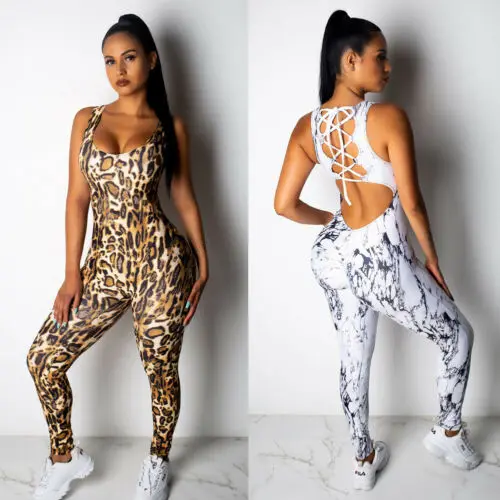 Sexy Women Sport Gym Romper New Summer Leopard Sleeveless Backless Fitness Running Ladies Jumpsuit Bodycon Clothes S-XL