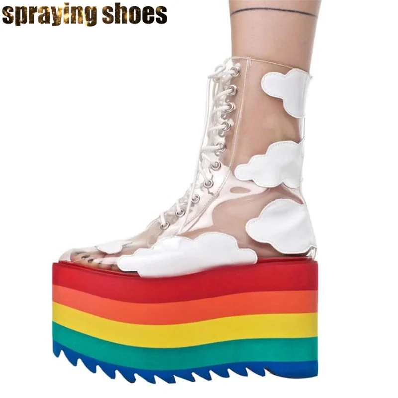 

Rainbow Platform Boots Summer Sandals Women Rain Boots Cross-tied Transparent PVC Ankle Boots Sexy Ladies Shoes Short Booties