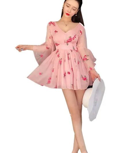 

Aihuyigui summer sexy flowers embroidery dress sweet women flare sleeve deep v neck Tight mini mesh dress DR197
