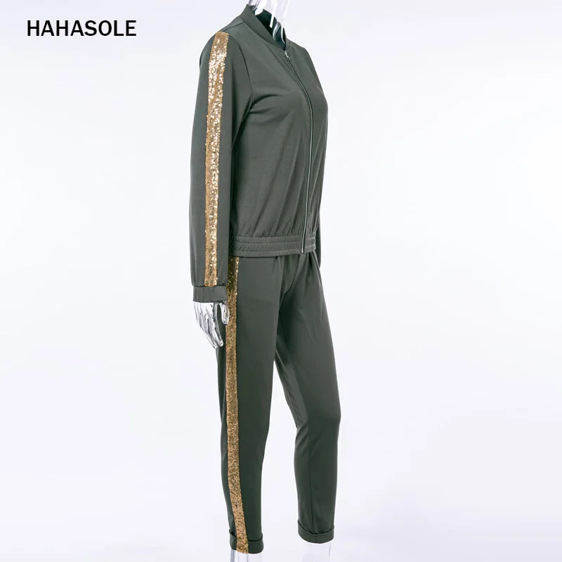 Женский спортивный костюм с блестками HAHASOLE армейский зеленый для бега лоскутные
