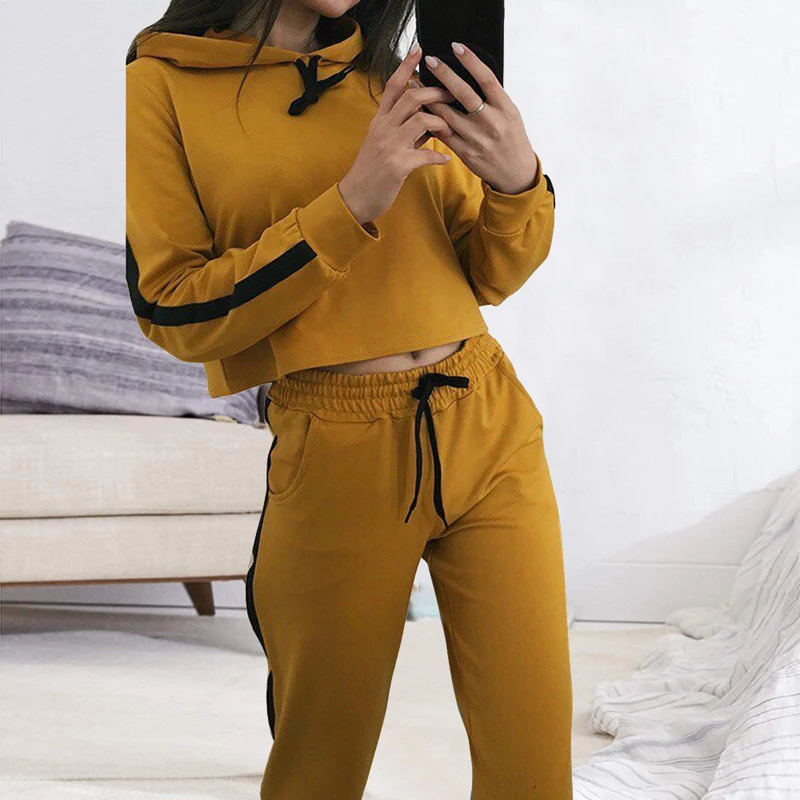 yellow Sfit Женский комплект 2 шт. толстовки Толстовка для йоги комплект полосатый спортивный костюм женский Повседневный лоскутный Фитнес Спортивный костюм - Color: yellow