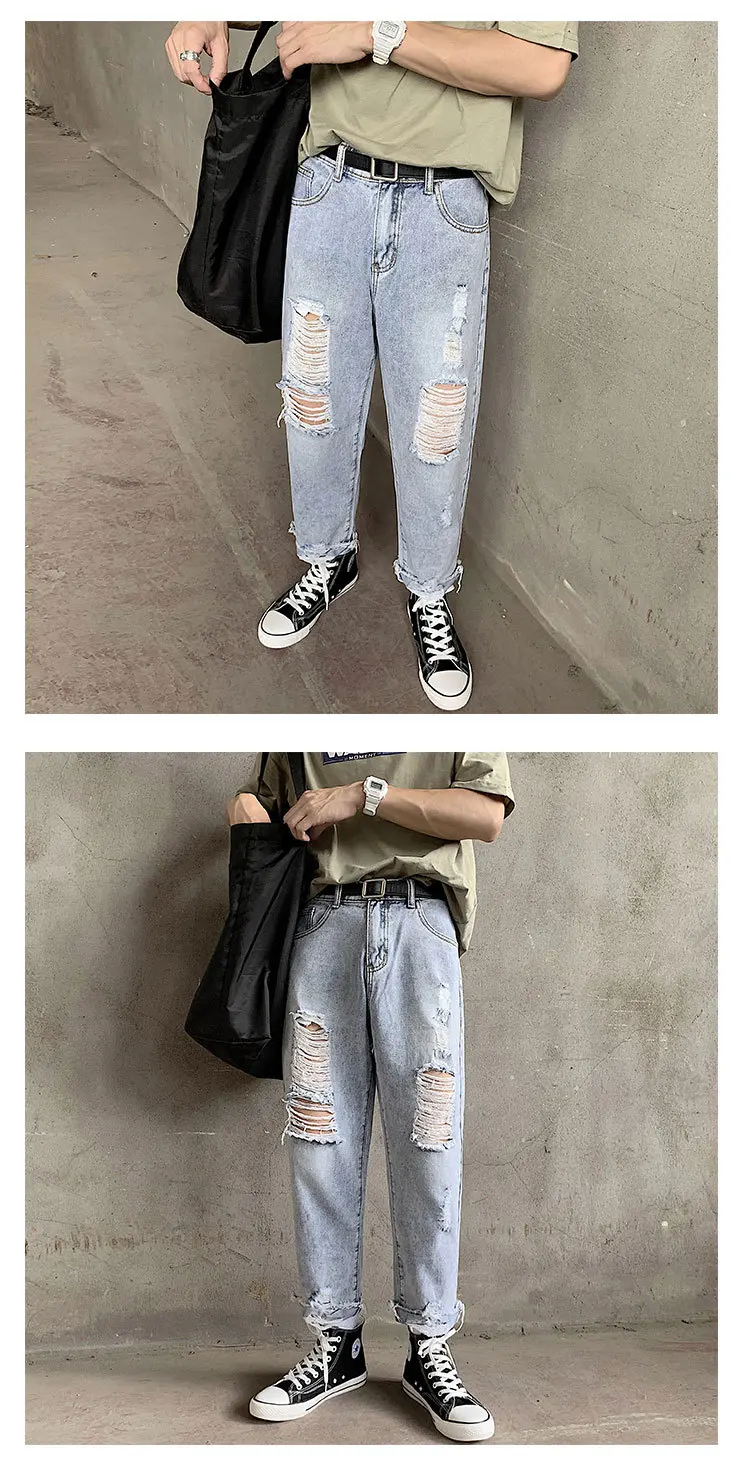 2019 летняя новая Корейская версия тренда тонкой пары свободные прямые мужские повседневные уличные джинсы большого размера