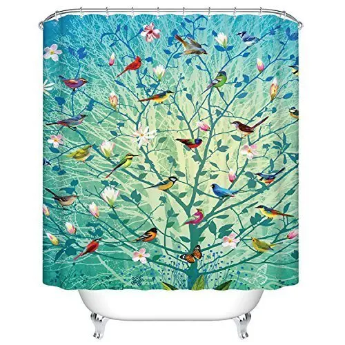 Cloud Dream with Blue Tree & Birds Pattern Fabric Shower Curtain