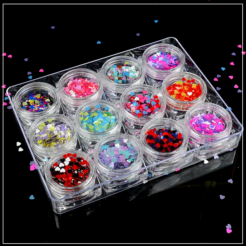 

LCJ 12 Bottles Mixed Colorful Nail Glitter Paillette 3mm Heart Sequins Tips Decor Manicure Nail Art Decorations Accessories