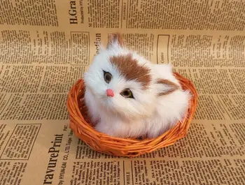 

mini simulation cat model polyethylene & furs yellow head sitting cat in a basket home decoration about 12x10cm p0016
