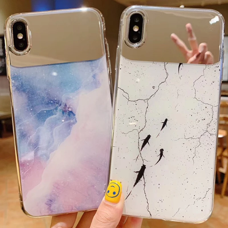

TRISEOLY Small Mirror Fish And Color Marble Pattern Case For iPhone 6 6S 7 8 Plus Case For iPhone X XS Max XR Soft Edge Cover