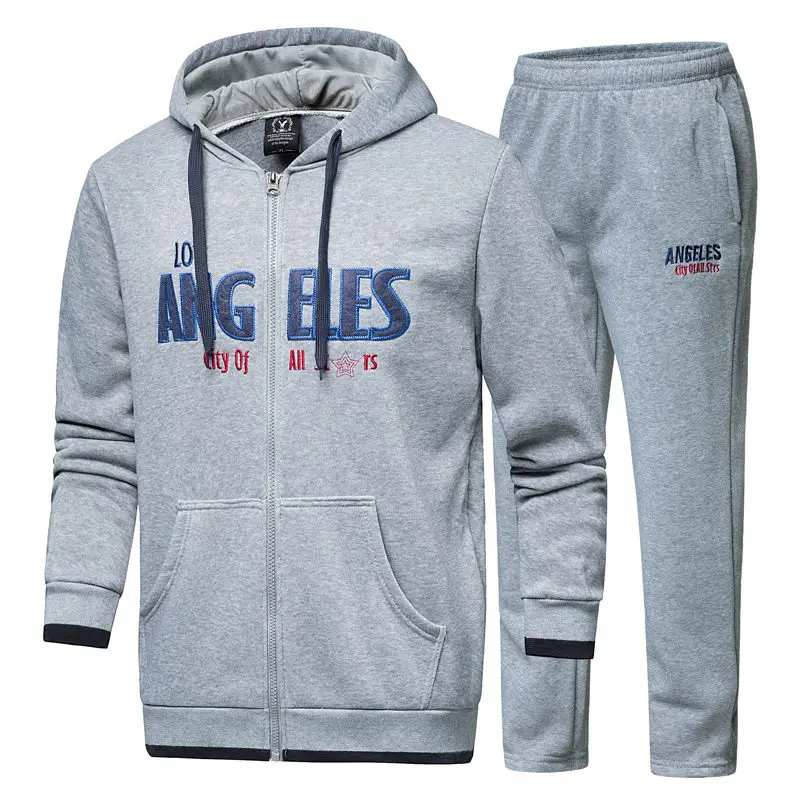 2019 Tracksuit Sets Men Casual Hooded Couple Fleece Cotton Male Sweatshirts Man Sportswear Suits Youth Zipper Cardigan+Pant 2PCS 0