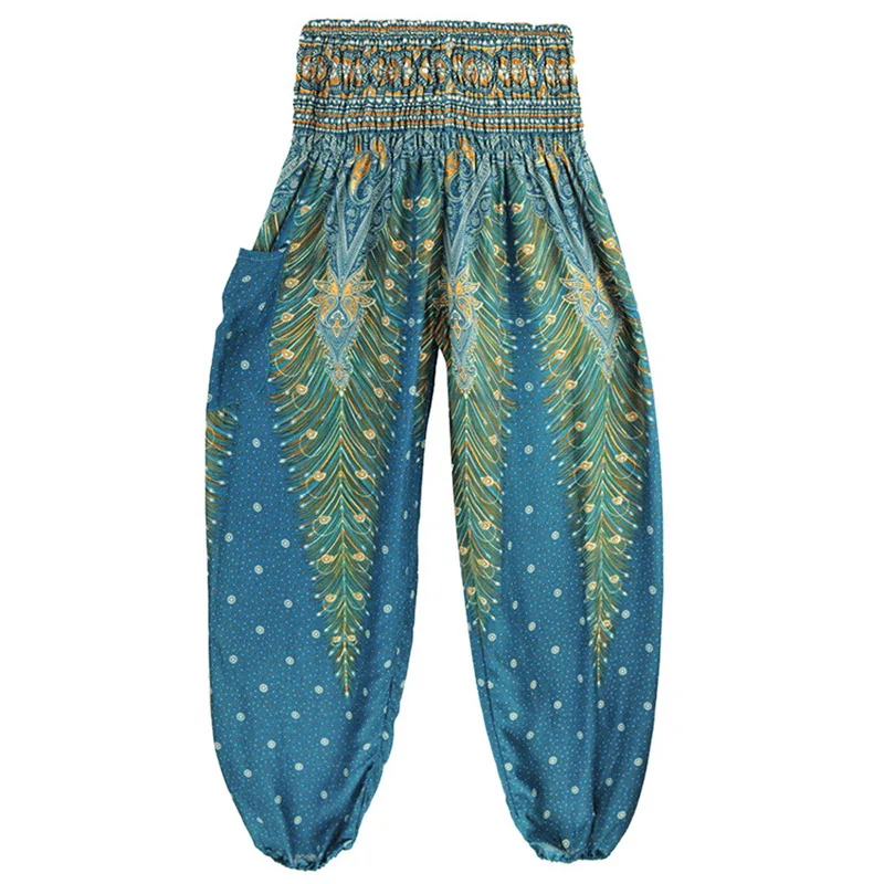 

MoneRffi Wide Leg Boho Pliate Pants Elastic Wiast Women Pant Loose Fitness Enthic Print Pant Chiffon Trouser Vintage Sports Pant